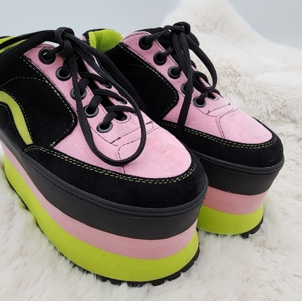 Y2K horoscope 90s HUGE neon chunky platform heel in pink green and black, velvet